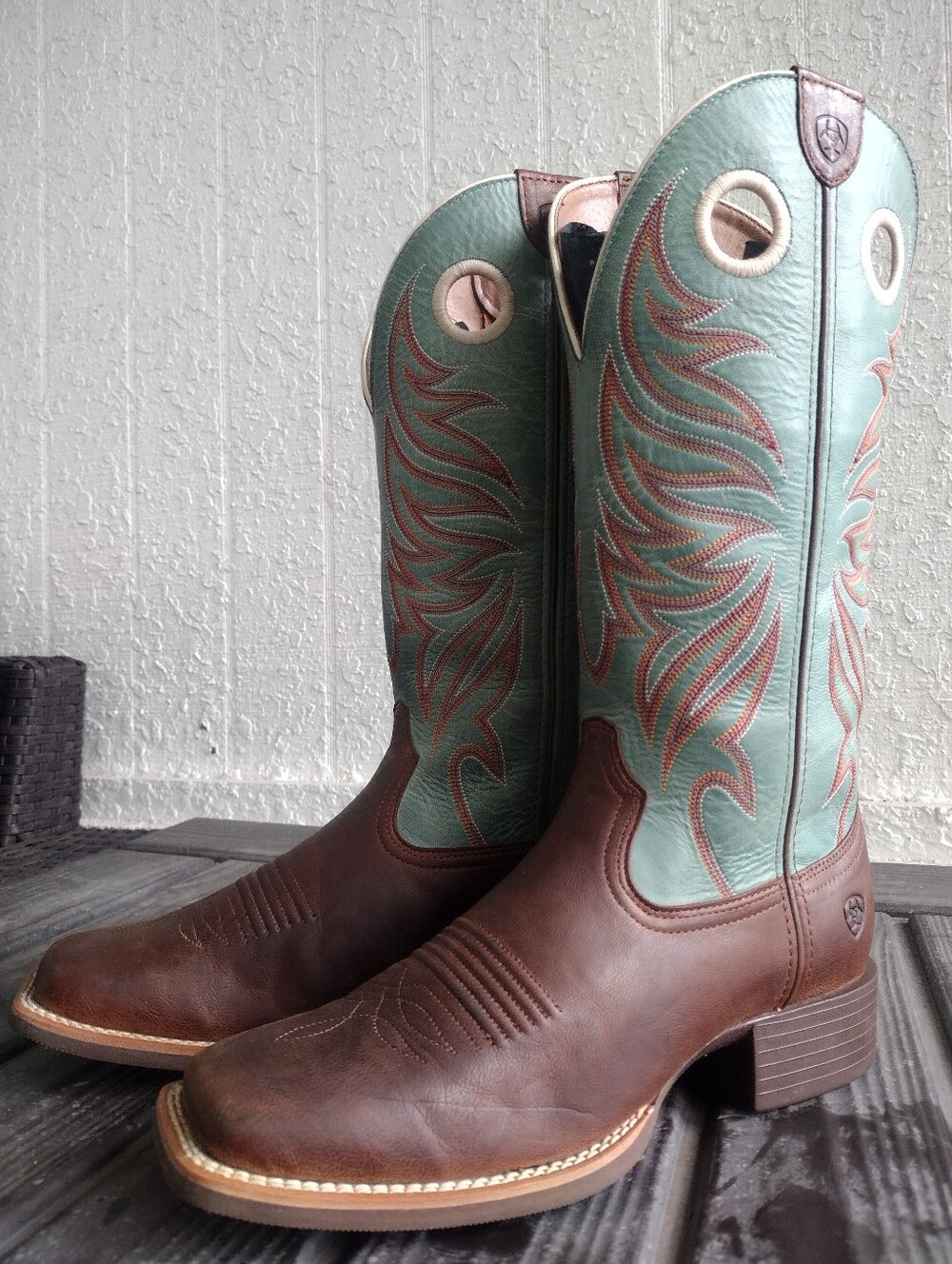 Ariat Round Up Rider Western Cowboy Boots Brown & Teal Leather Embroidered Women - Picture 3 of 9